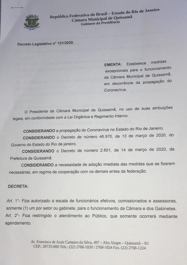 Câmara Municipal de Quissamã estabelece medidas excepcionais para o funcionamento da Casa em decorrência da propagação do Coronavírus.