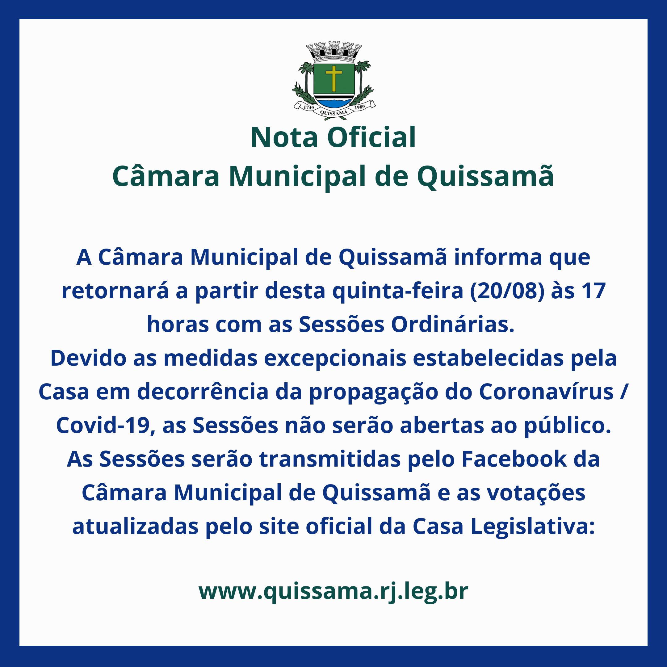 Câmara Municipal de Quissamã retornará Sessões Ordinárias sem público nesta quinta-feira (20).