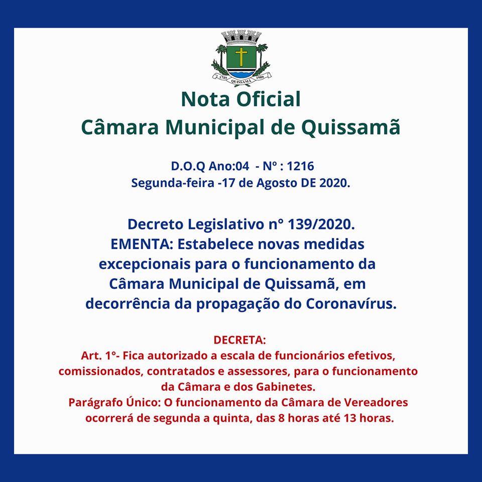 Novo Decreto Estabelece novas medidas excepcionais para o funcionamento da Câmara Municipal de Quissamã